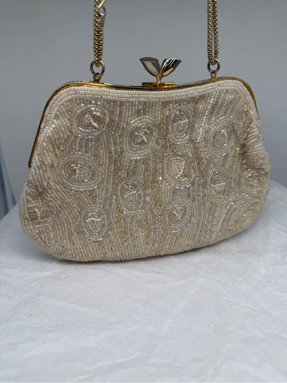 VTG Walborg Ivory Beaded Evening Clutch/Shoulder Bag with Gold Hardware